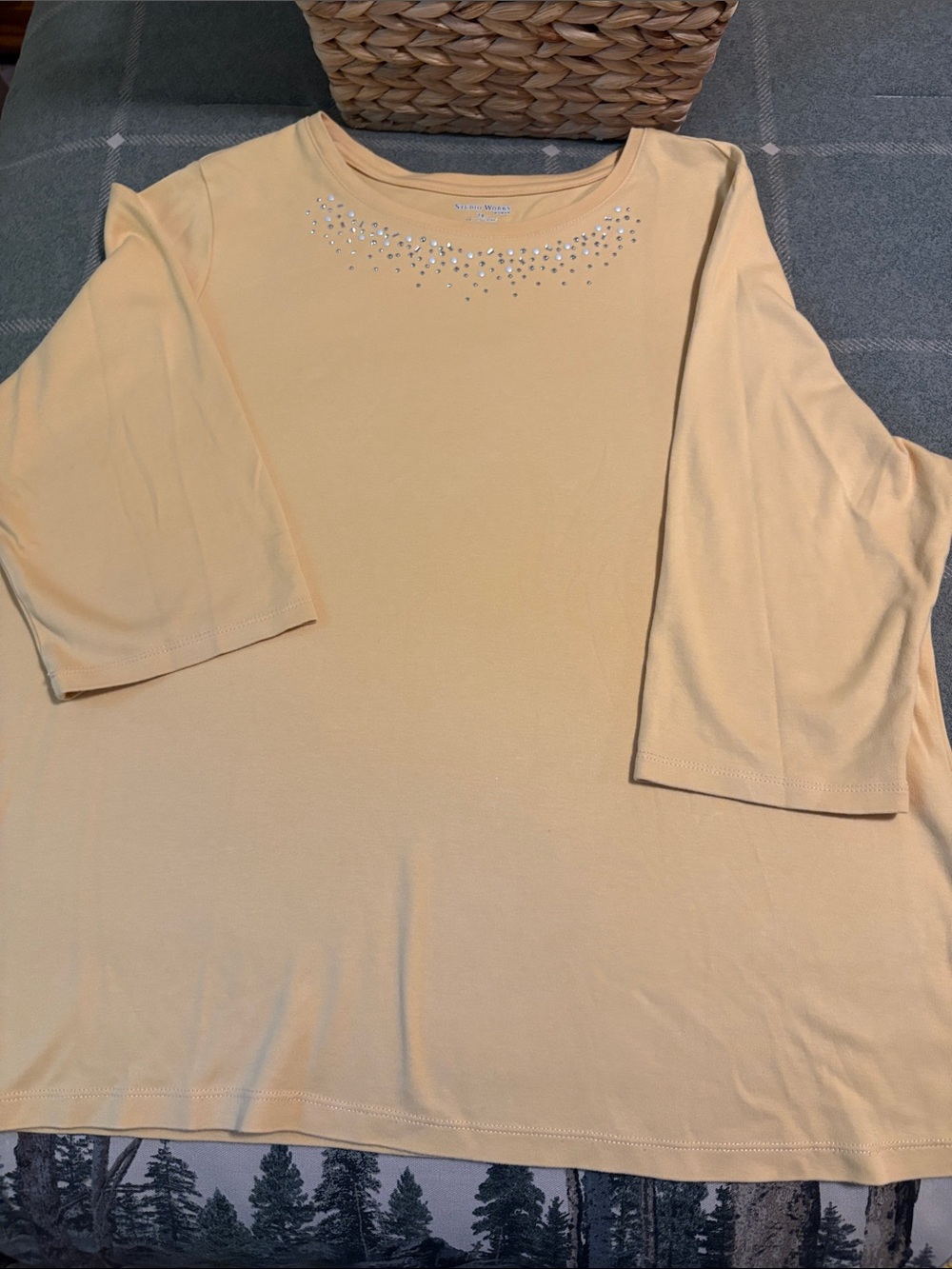 Studio Works Pale Yellow Rhinestone Scoop Neck 3/4 Sleeve Tee
